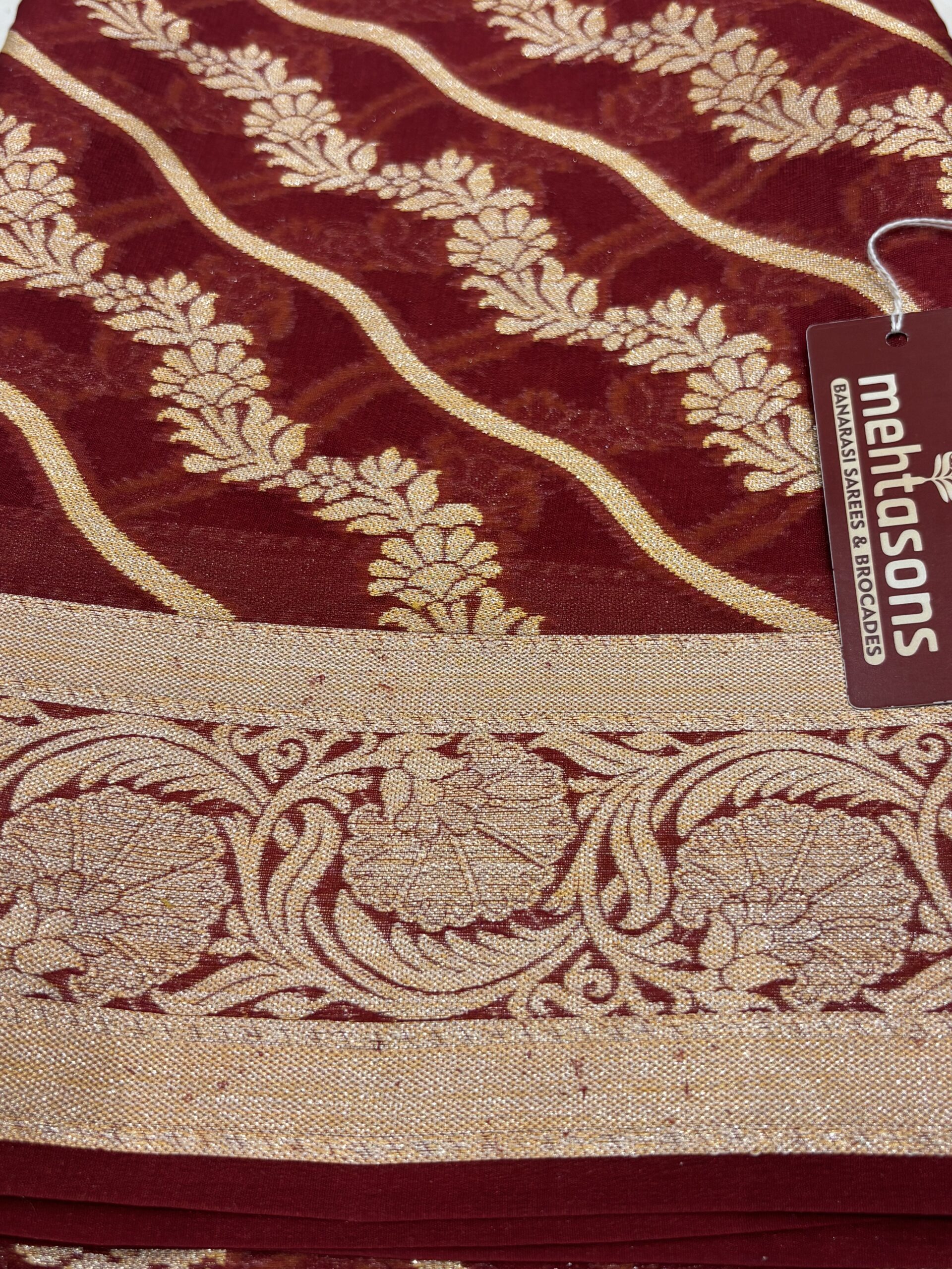 Pure Silk Chiffon Saree- Red - Image 5